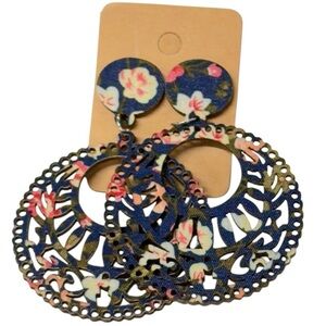 WOODEN Navy  FLORAL Print Stud Drop Earrings